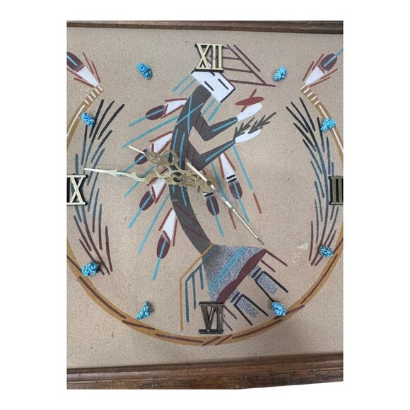 Vintage Yei Kachina Dancer Southwestern Sand Painting Wall Clock Turquoise 13" - Picture 2 of 6